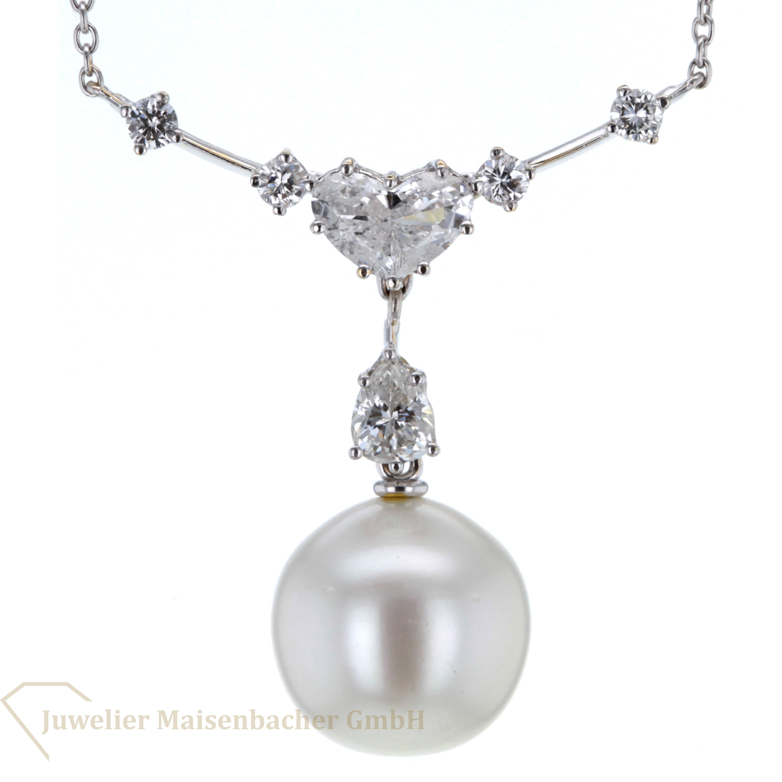 Collier 750 Weißgold mit 6 Diamanten und 1 runden weissen Zuchtperle