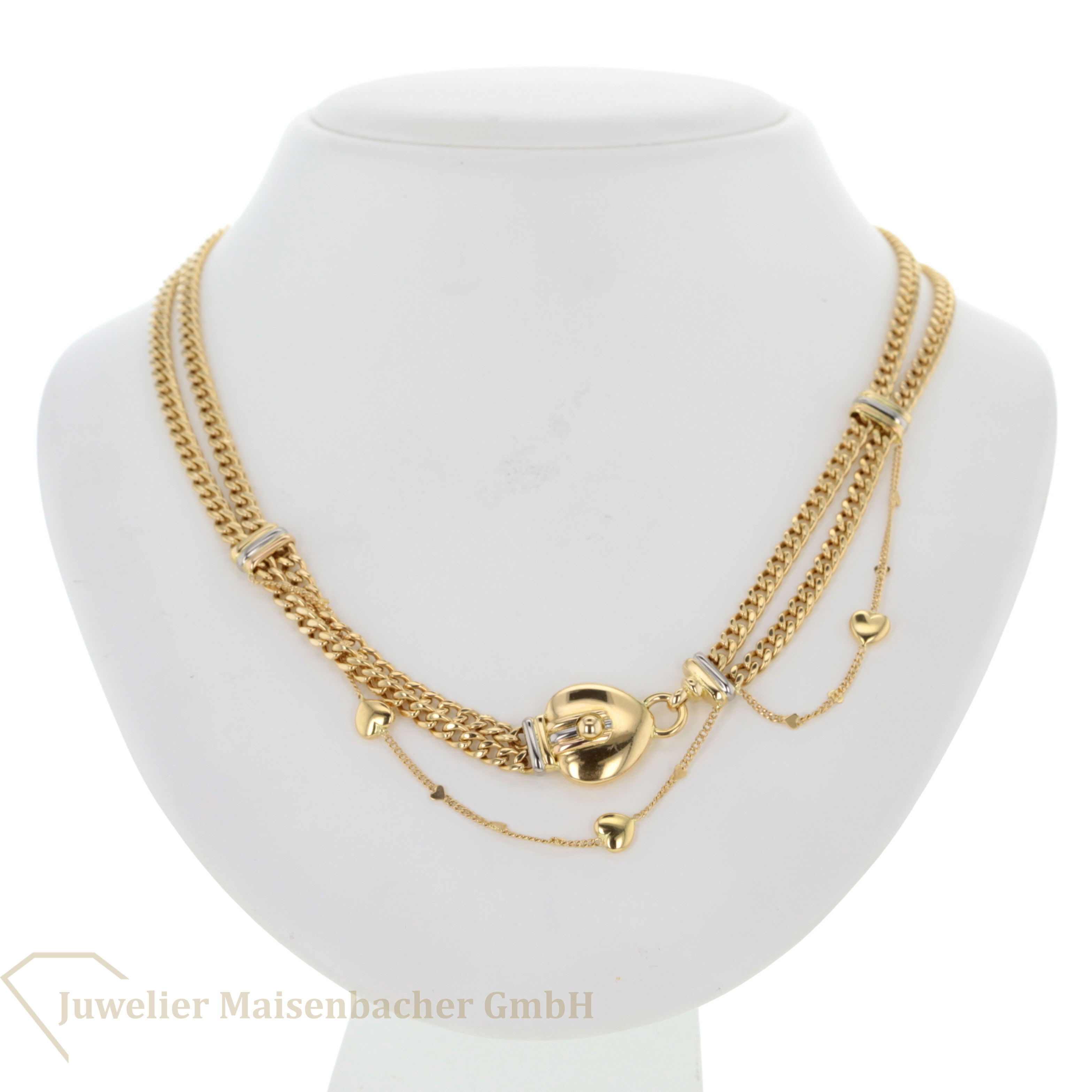 Collier Herz- Doppelpanzerkette 750 Gelbgold mit Zierkettchen und Herz- Mittelteil