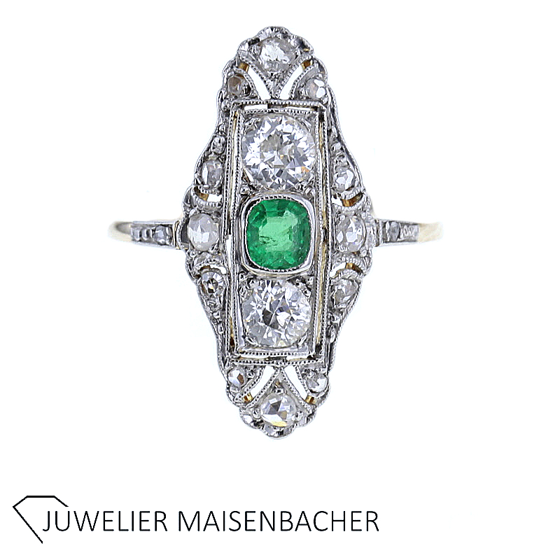 Art Déco Ring mit Diamanten und Smaragd Gold