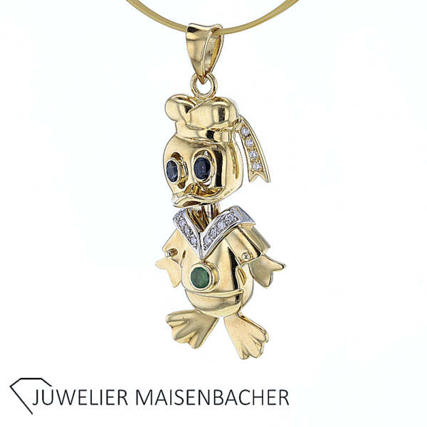 Handgefertigter beweglicher Anhänger *Donald Duck* mit Brillant Gold