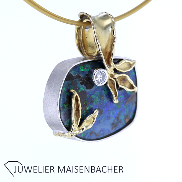 Boulder-Opal Anhänger handgefertigt mit Brillant Gold