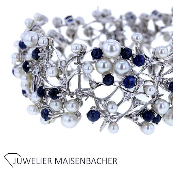 Traumhaftes Armband "Caprise" mit Saphir, Zuchtperlen und Brillanten Gold
