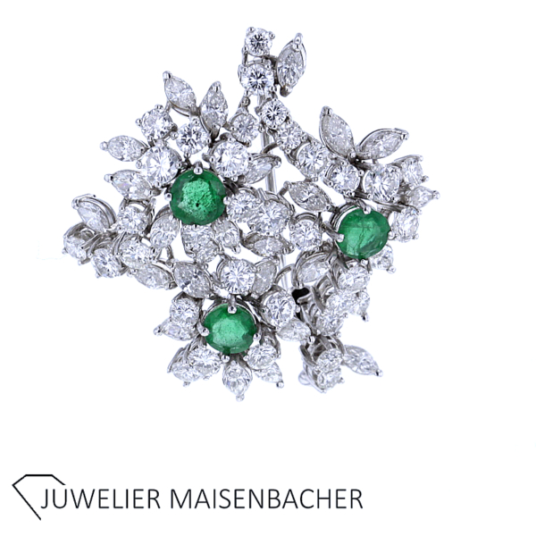 Handgefertigte Brosche mit Smaragd, Diamanten und Brillanten Gold