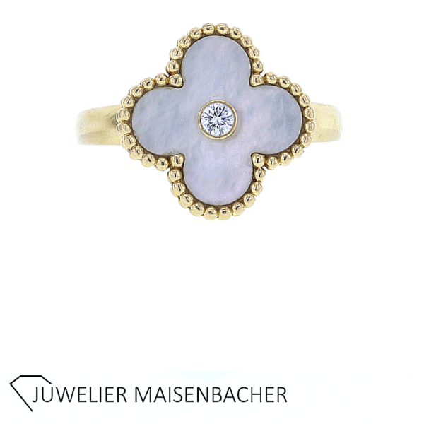 Van Cleefs & Arpels Ring Vintage Alhambra Perlmutt mit Brillant Gold – Bild 2