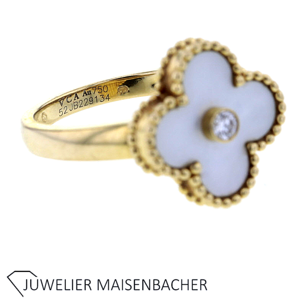 Van Cleefs & Arpels Ring Vintage Alhambra Perlmutt mit Brillant Gold – Bild 3