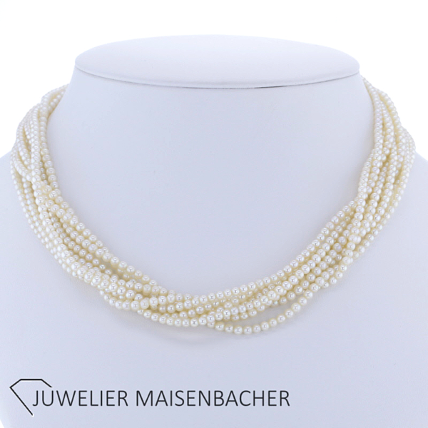 8-reihige Zuchtperlenkette mit Kugelverschluß und Diamanten Gold