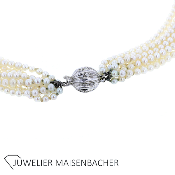 8-reihige Zuchtperlenkette mit Kugelverschluß und Diamanten Gold – Bild 3