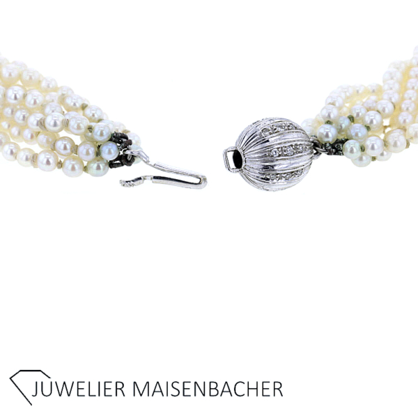 8-reihige Zuchtperlenkette mit Kugelverschluß und Diamanten Gold – Bild 4