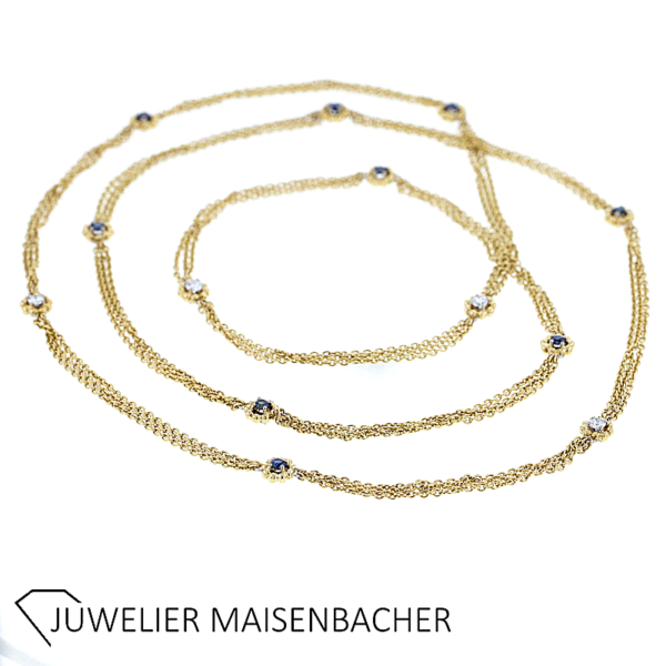 Lange drei-reihige Kette/Collier mit Brillanten und Saphir Gold