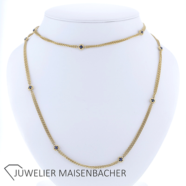 Lange drei-reihige Kette/Collier mit Brillanten und Saphir Gold – Bild 2