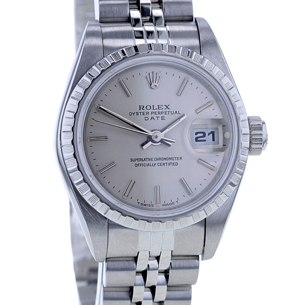 Rolex Date 26 mm Edelstahl, geriffelte Lünette, Jubilee-Armband