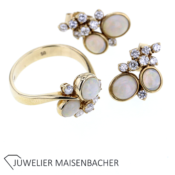 SET Opal und Brillanten Ring + Ohrstecker Gold – Bild 2