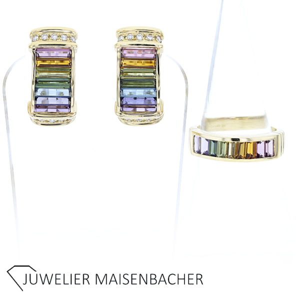 Set-bestehend aus Ring und Halbcreolen mit Brillanten und Edelsteinen – Bild 7
