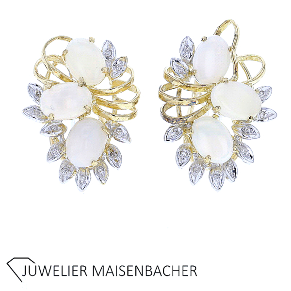Filigrane Ohrclips mit Edel Opal und Diamanten Gold