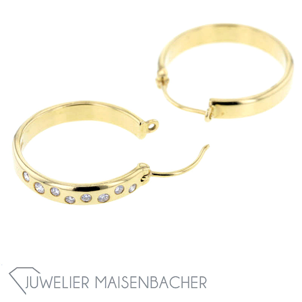 Ein Paar klassische Creolen, 1x mit Diamant-Besatz – Bild 4