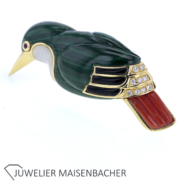 Brosche Buntspecht mit Brillanten und Edelsteine