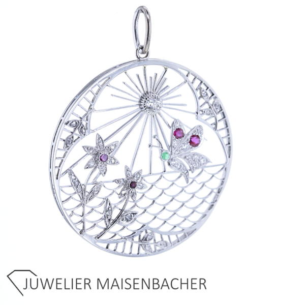 Kunstvoller filigraner Anhänger Blumen und Schmetterling aus Platin – Bild 6
