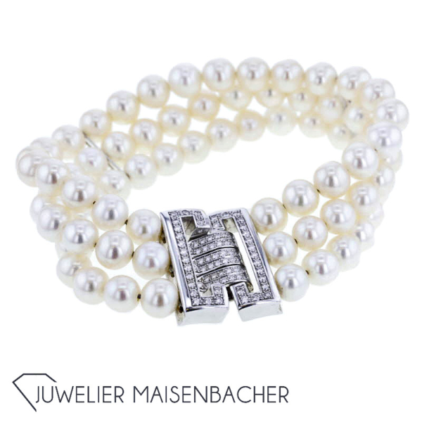 Traumhaftes 3-reihiges Zuchtperlenarmband mit Diamantschließe – Bild 4