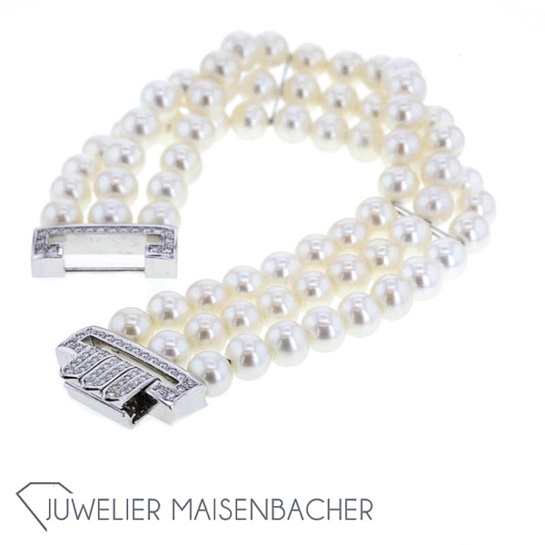 Traumhaftes 3-reihiges Zuchtperlenarmband mit Diamantschließe – Bild 5