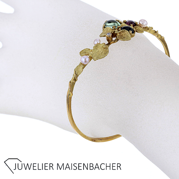 UNIKAT Armreif mit Brillant, Edelsteinen und Zuchtperle Gold