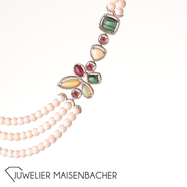 Hochwertiges Gold Collier mit Brillanten Engelshautkoralle Opale und Turmaline – Bild 6