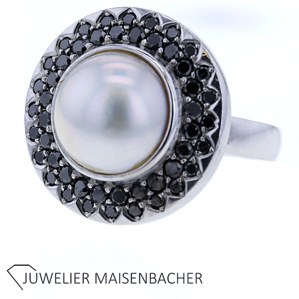 Damenring mit Mabe Perle und schwarzen Brillanten Gold – Bild 7
