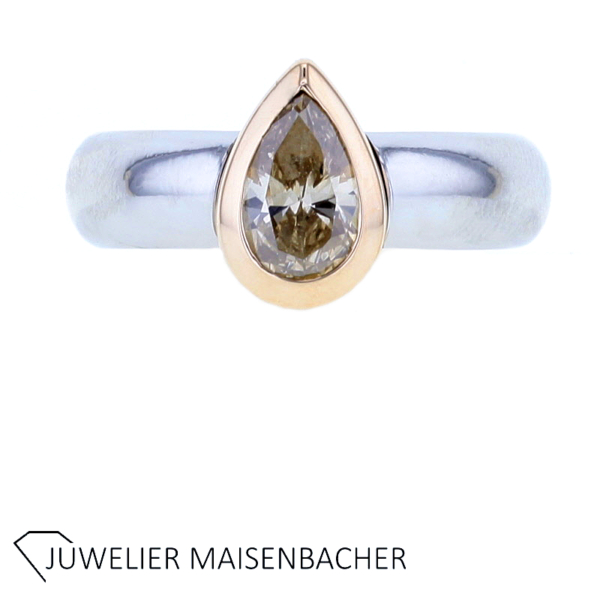 Massiver Solitaire Ring mit Tropfen Diamant Platin und Gold