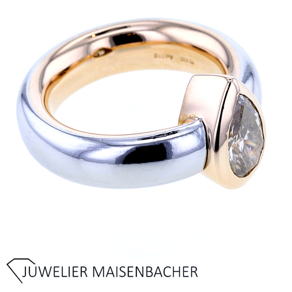 Massiver Solitaire Ring mit Tropfen Diamant Platin und Gold – Bild 2
