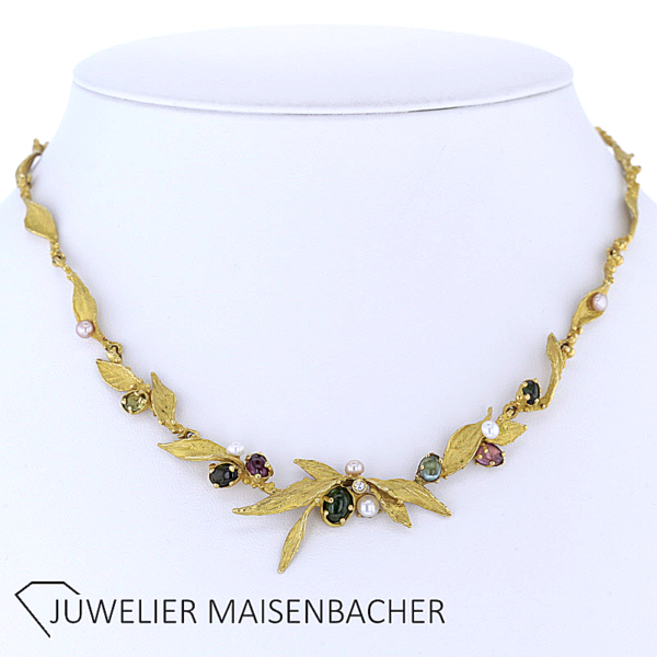 UNIKAT Collier mit Brillanten, Edelsteinen und Zuchtperle Gold