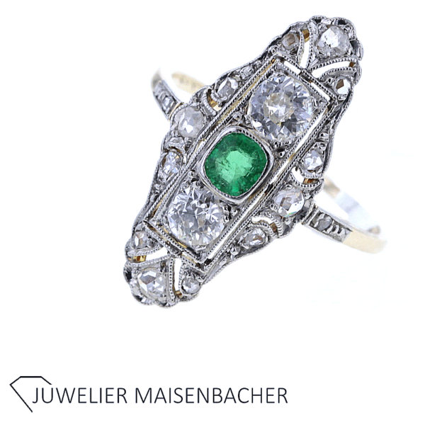 Art Déco Ring mit Diamanten und Smaragd in Gold und Platin – Bild 5