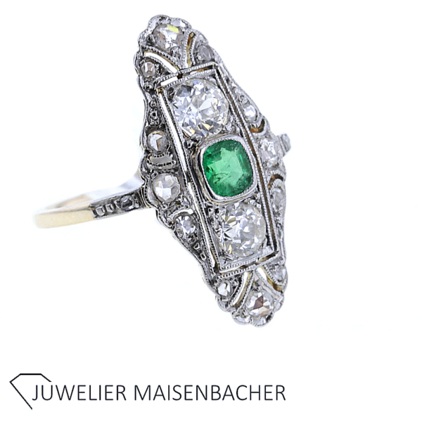 Art Déco Ring mit Diamanten und Smaragd in Gold und Platin – Bild 8