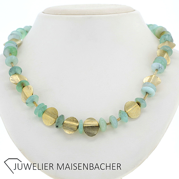 Einzigartige Edelsteinkette Chrysopras mit Goldelementen *UNIKAT* – Bild 4