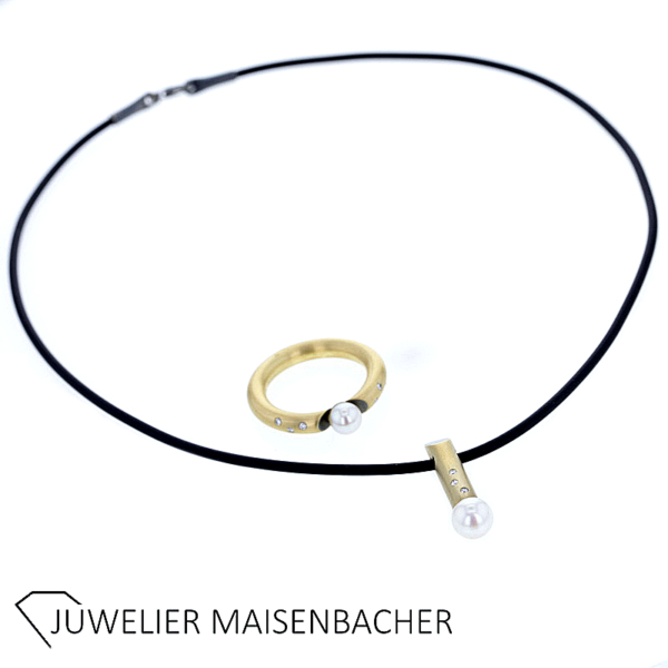 Schmuckset Collier Kautschuck und Ring mit Perle, Diamant – Bild 6