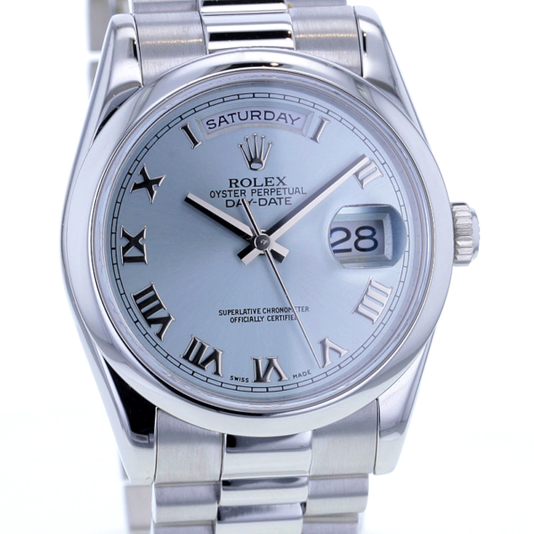 Rolex Day-Date 36 Ref. 118206, Platin 950/-, eisblau, Revision Rolex 2024, Top!